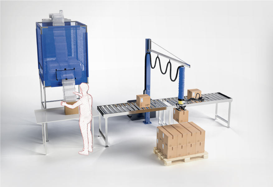 Ligne d'emballage avec machines, tables et matériaux d'emballage