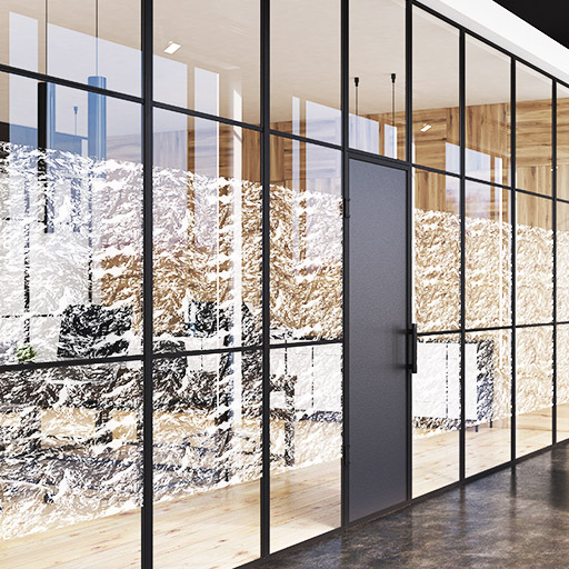 raamfolie met abstracte vormen op een glazen wand