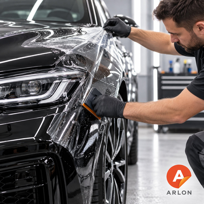 Installateur die transparante Arlon PPF met een zwarte rakel over de voorzijde van een auto spant