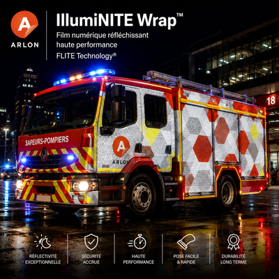 Arlon IllumiNITE Wrap – 125 µm reflective vinyl film, FLITE Technology, ISO 7591/ASTM-D 4956, Solvent/UV/Latex. 7-year outdoor warranty. Vehicle wrapping and signage. Antalis