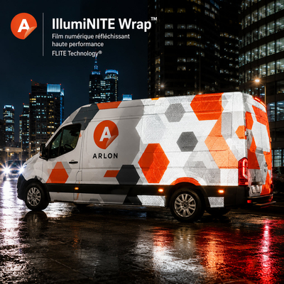 Arlon IllumiNITE Wrap – 125 µm reflective vinyl film, FLITE Technology, ISO 7591/ASTM-D 4956, Solvent/UV/Latex. 7-year outdoor warranty. Vehicle wrapping and signage. Antalis