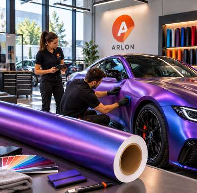 Rouleau de film car wrapping Arlon Premium Colour Change violet métallique avec nuancier en atelier