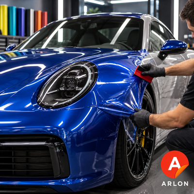 Monteur die blauwe getinte Arlon PPF-folie aanbrengt om lakbescherming en carwrapping te combineren