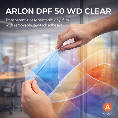 Arlon DPF 50 WD Clear – Film transparent 50µ adhésif base aqueuse, idéal vitrines et impression numérique.