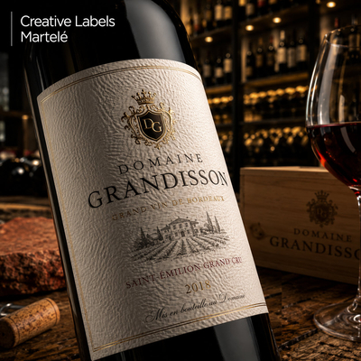 Rood wijnetiket Saint-Émilion Grand Cru gedrukt op crème gehamerd papier Creative Labels Martelé – hoogwaardig vergé textuur, gegraveerd gouden wapenschild, Antalis