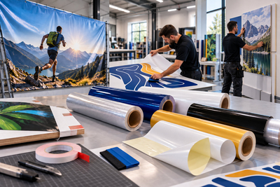 Gamme de films DAO de spécialités avec rouleaux de protection, adhésifs double face et outils de pose sur table d'atelier
