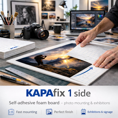 Kapa Fix 1-zijdig – Enkelzijdig zelfklevend schuimkarton, lichtgewicht en stevig, ideaal voor het snel bevestigen van afbeeldingen en foto's.