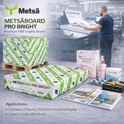 MetsäBoard Pro Bright – Hoogwit FBB GC1-karton, lichtgewicht en stijf voor hoogwaardig drukwerk en verpakkingen.