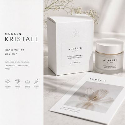Munken Kristall – Premium, ongecoat High White-offsetpapier, hoog contrast, glad oppervlak en FSC- & PEFC-gecertificeerd. Toepassing: premium verpakkingen