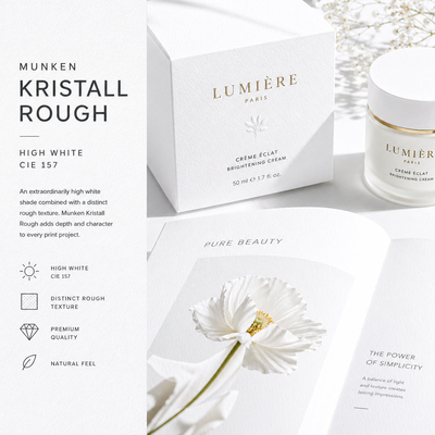 Munken Kristall Rough – Papier offset premium rough High White, bulk élevé, contraste intense et certifications FSC & PEFC.