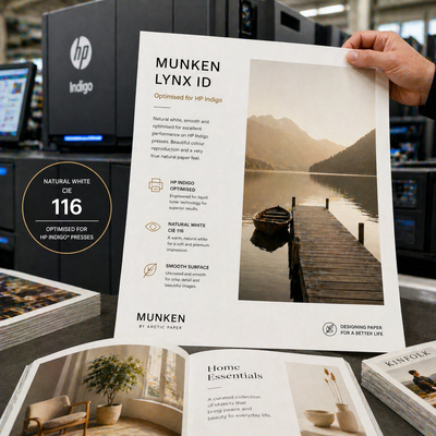 Munken Lynx ID – Papier vélin premium optimisé HP Indigo, surface lisse, blanc naturel et certifications FSC & PEFC.