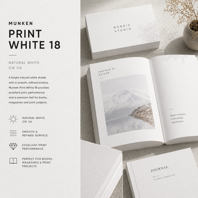 Munken Print White – Premium wit boekpapier, gramgewicht tot 2,0 g/m², uitstekende leesbaarheid en geschikt voor offset- en hogesnelheids-inkjetdruk.