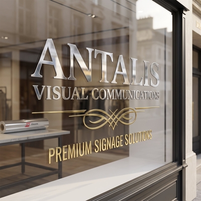 Marquage de vitrine commerciale réalisé avec le film adhésif métallisé effet chrome et or Oracal 351 pour lettrages et logos décoratifs.