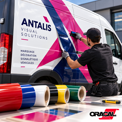 Poseur appliquant un vinyle adhésif polymère ORACAL 551 sur un fourgon utilitaire devant des rouleaux de couleurs