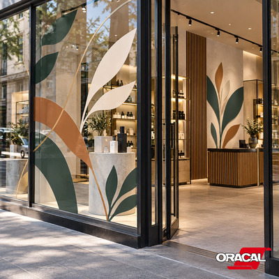 Décoration végétale élégante sur vitrine de magasin réalisée avec des films adhésifs couleur ORACAL 551