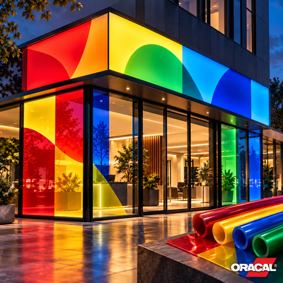 Façade de bâtiment commercial illuminée par des caissons rétroéclairés multicolores réalisés avec le film translucide ORACAL 8500";13.1;4986;LO;LOSO_MI2_ORACAL_8500_001.jpg;French;Façade de bâtiment commercial illuminée par des caissons rétroéclairés multicolores réalisés avec le film translucide ORACAL 8500"