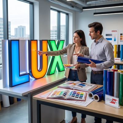Concepteurs choisissant le film translucide ORACAL 8500 sur nuancier devant des lettres boîtier rétroéclairées LUX