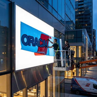 Techniciens en nacelle appliquant un graphisme imprimé en film translucide ORACAL 8500 sur un grand caisson lumineux de façade