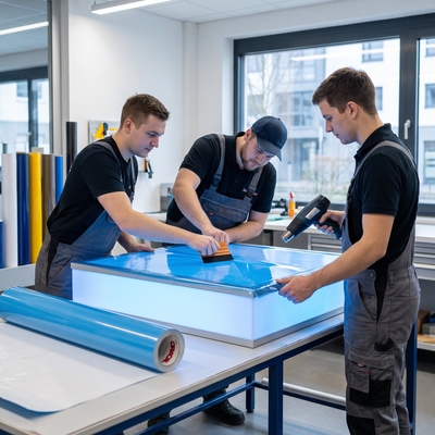 Assemblage en atelier d'un caisson lumineux rétroéclairé avec application du film translucide bleu ORACAL 8500 à la raclette