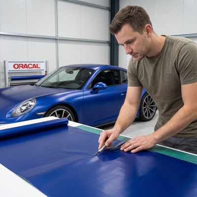 Découpe au cutter d'un film coulé ORACAL 970RA bleu satiné devant une voiture habillée