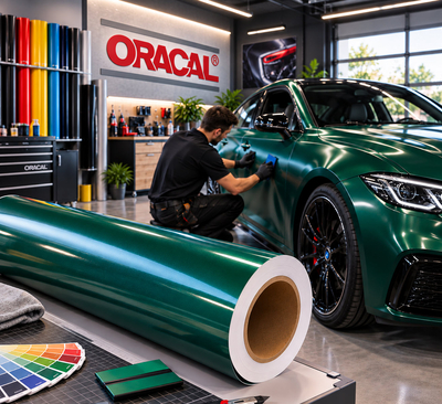 Rouleau de film coulé ORACAL 970RA vert métallisé et application sur carrosserie en atelier