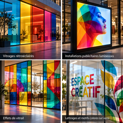 Mosaïque d'applications du film transparent coloré ORACAL 8300 : vitrage rétroéclairé, installation lumineuse, effet vitrail et lettrage sur verre