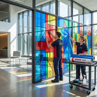 Poseurs appliquant des lés de vinyle transparent coloré ORACAL 8300 rouge, bleu et jaune pour un décor effet vitrail sur vitrine de magasin