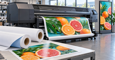 Rouleaux de papier grand format dos bleu imprimés en encres UV et Latex pour affichage publicitaire