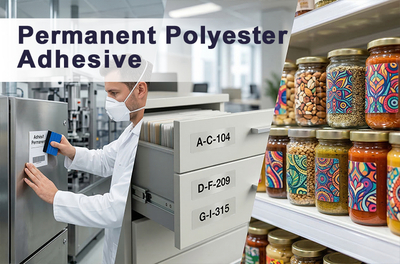Permanente polyesterlijm – Scheurvaste polyesterfolie met permanente lijm voor duurzame etikettering en professionele toepassingen.