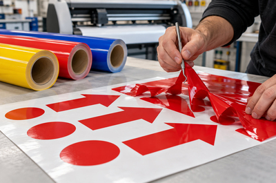 Échenillage manuel d'un film vinyle monomère rouge pour découpe DAO avec rouleaux de couleur