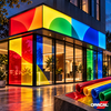 Façade de bâtiment commercial illuminée par des caissons rétroéclairés multicolores réalisés avec le film translucide ORACAL 8500";13.1;4986;LO;LOSO_MI2_ORACAL_8500_001.jpg;French;Façade de bâtiment commercial illuminée par des caissons rétroéclairés multicolores réalisés avec le film translucide ORACAL 8500"