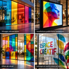 Mosaïque d'applications du film transparent coloré ORACAL 8300 : vitrage rétroéclairé, installation lumineuse, effet vitrail et lettrage sur verre